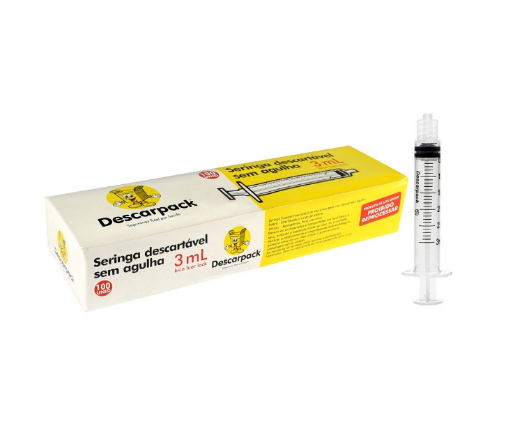 SERINGA DESCARTÁVEL LUER LOCK SEM AGULHA - 3 ML - 100 UNID